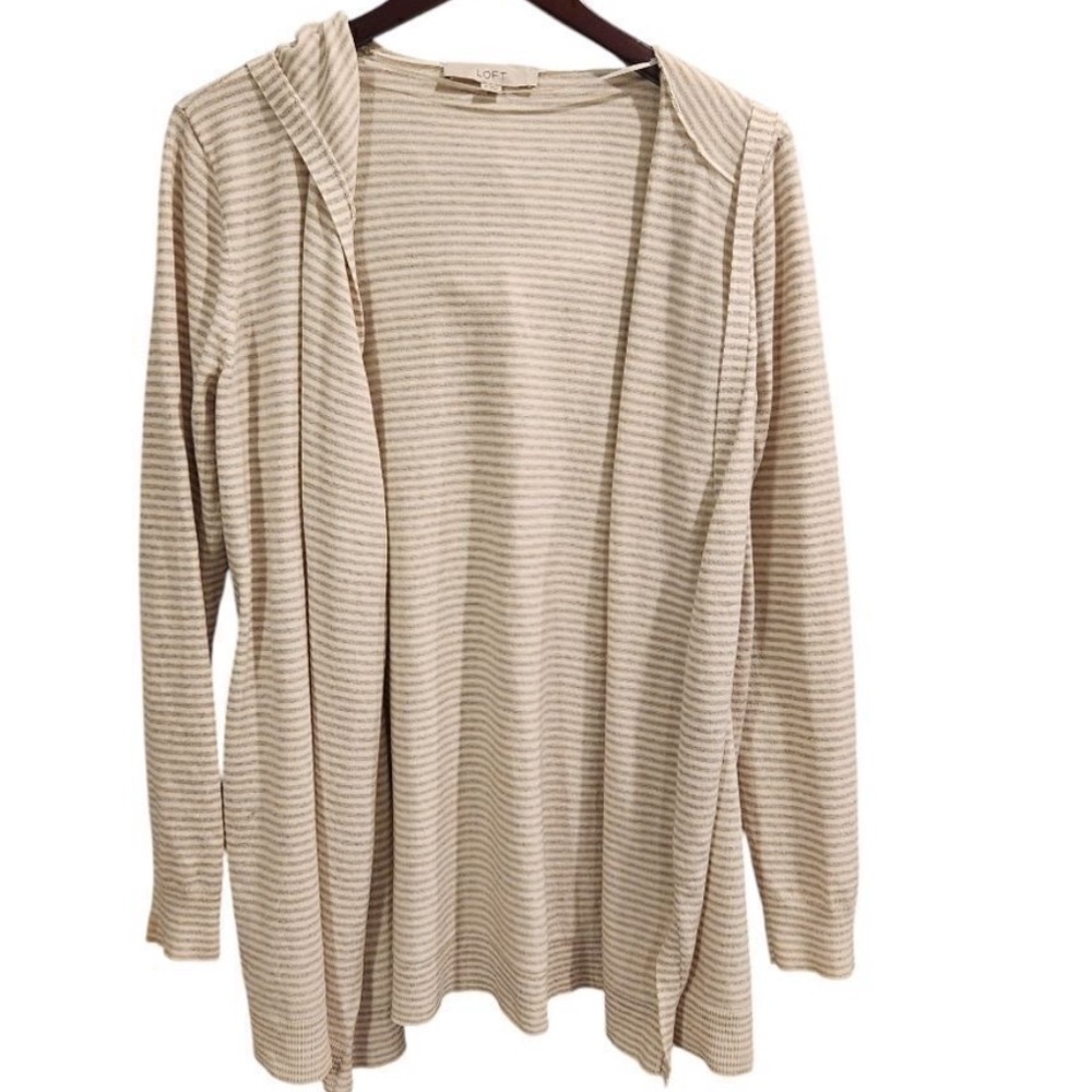 Loft Light Beige Striped Hooded Open Cardigan Sweater
